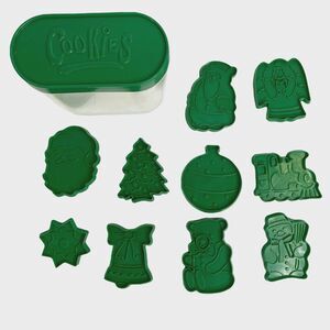 10 Vintage Christmas Cookie Cutters Green Plastic W/ Case Santa Angel Tree Bell
